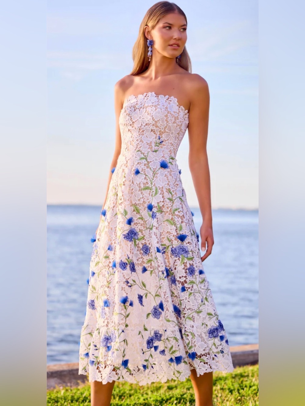 Dress The Population Strapless White Lace Dress with Blue Floral Embroidery